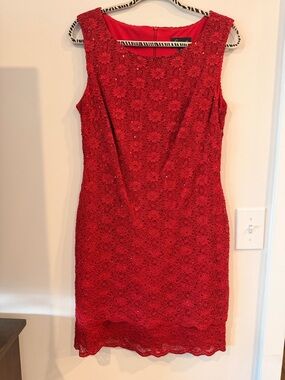 connected apparel Red Lace Midi Sheath Dress